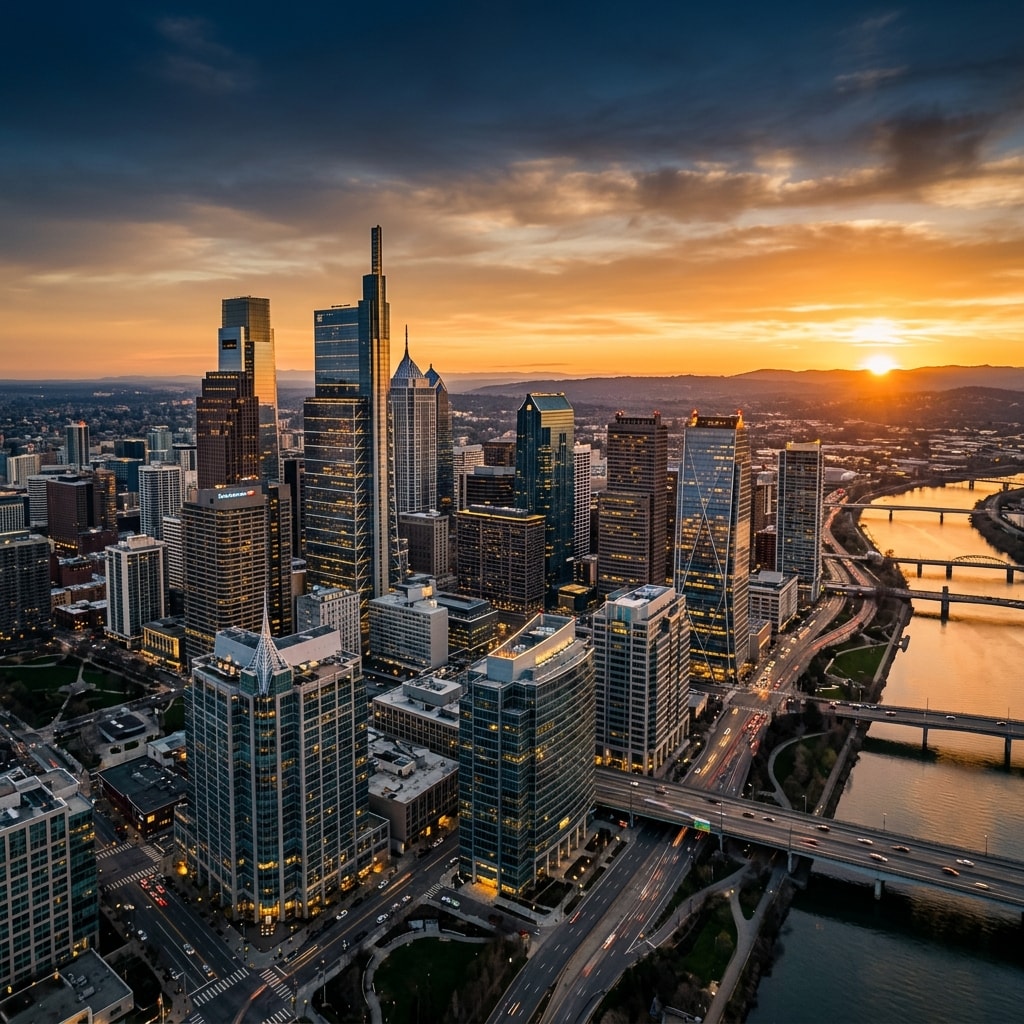 Aerial view of a modern commercial skyline at golden hour